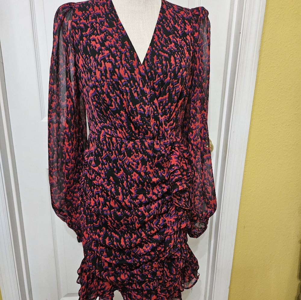 Express Red and Black Ruched Ruffles Mini Dress Size S